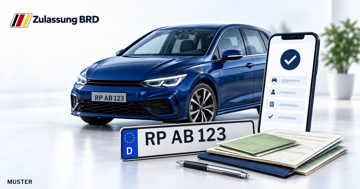 Online Fahrzeugzulassung in Bobenheim-Roxheim: Musterkennzeichen RP AB 123, Auto und Fahrzeugpapiere und Smartphone. Illustration mit Logo von Zulassung BRD.